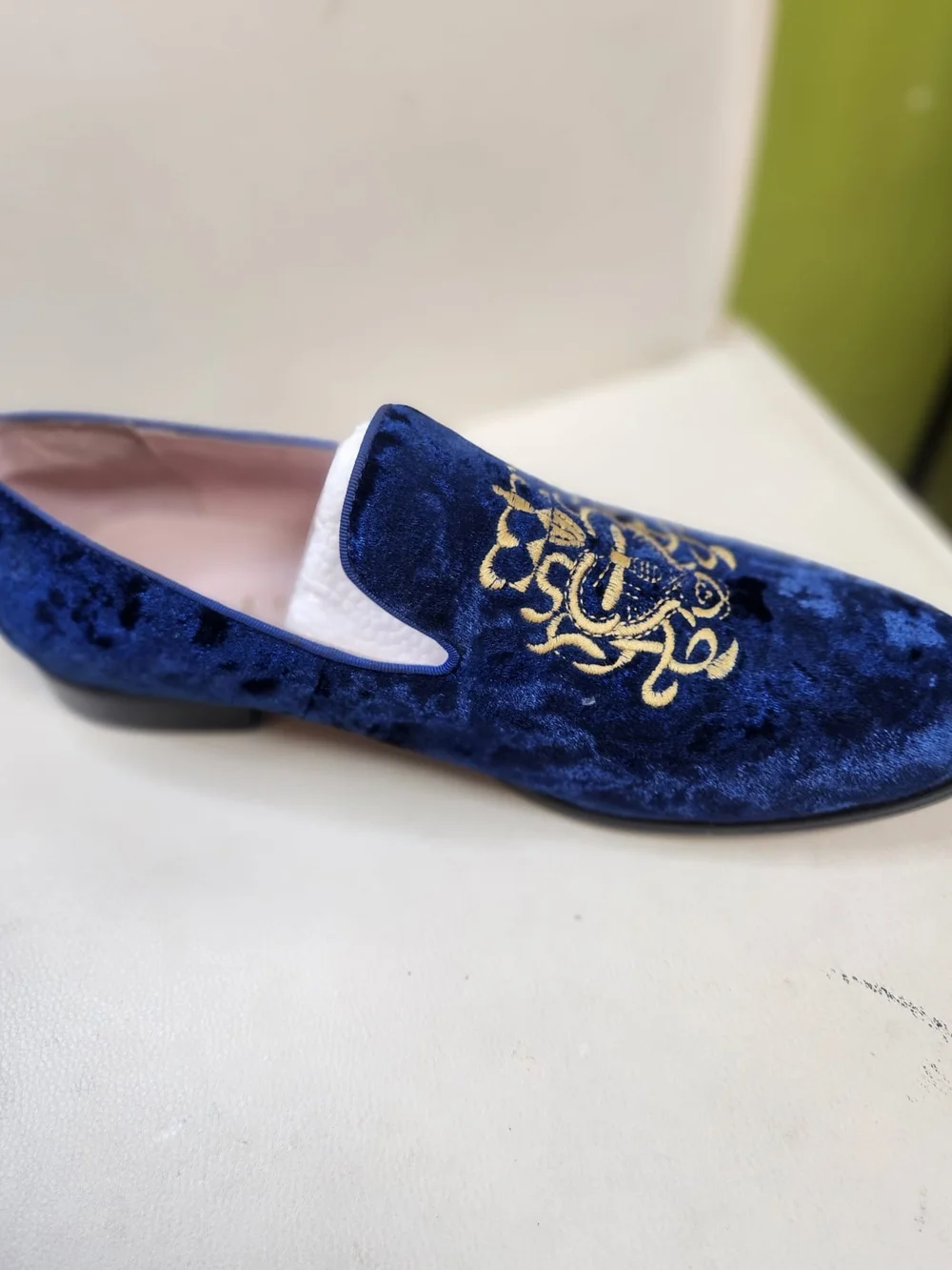 Gucci Men's Royal Blue Velvet Slip-On Loafer with Gold Crest Embroidery